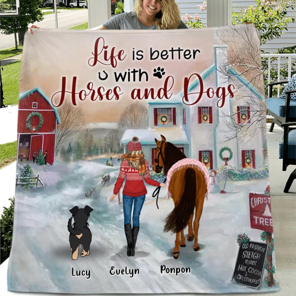 Personalized Horses & Dogs Quilt/Fleece Throw Blanket - Gift Idea For Horse/Dog Lovers - Up to 4 Dogs - Life Is Better With Horses And Dogs