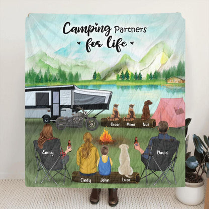 Personalized Camping Blanket Gift For Whole Family, Camping Lovers - Parents with 2 Kids and 4 Pets - Camping Partners For Life - 3KFOG2