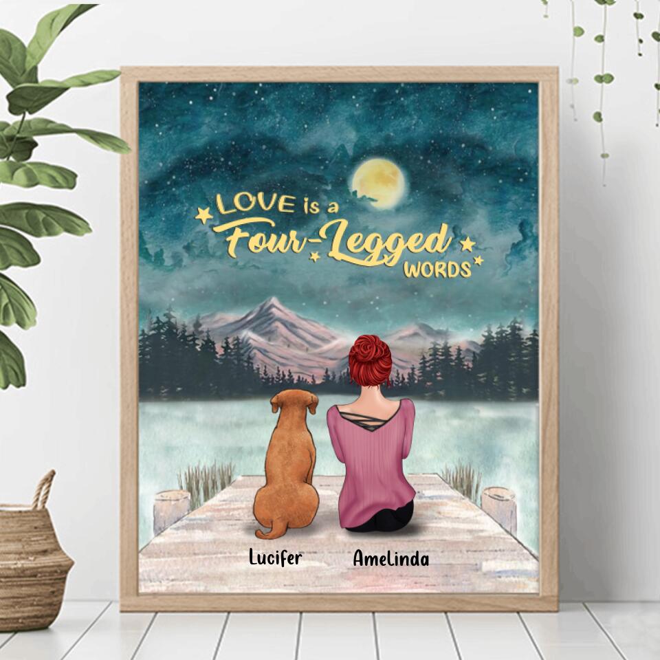 Personalized Pets Mom Poster - Mom With Up to 5 Pets - Best Gift For Cat Lovers, Dog Lovers - Love Is Four-Legged Words