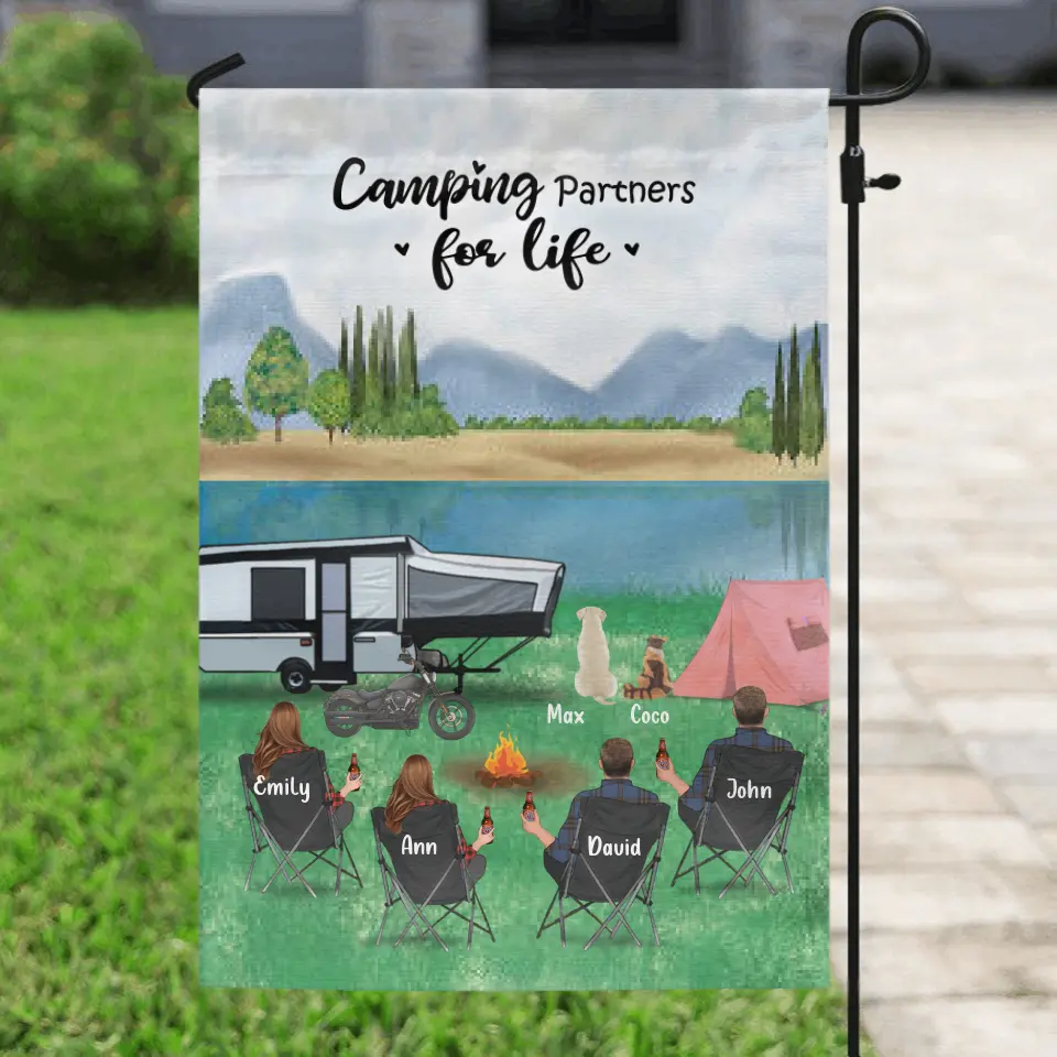 Personalized Camping Flag - Adults and Pets Camping Flag - Camping Partners For Life