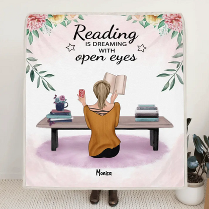 Personalized Reading Book Quilt/Fleece Blanket - Girl With Up to 5 Pets - Gift Idea For Reading Lovers - Reading Is Dreaming With Open Eyes