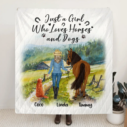Personalized Horse And Dog Pillow Cover/Quilt/Fleece Blanket - Man/Woman/Girl/Boy With Up to 2 Horses And 4 Dogs - Gift For Horse/Dog Lover