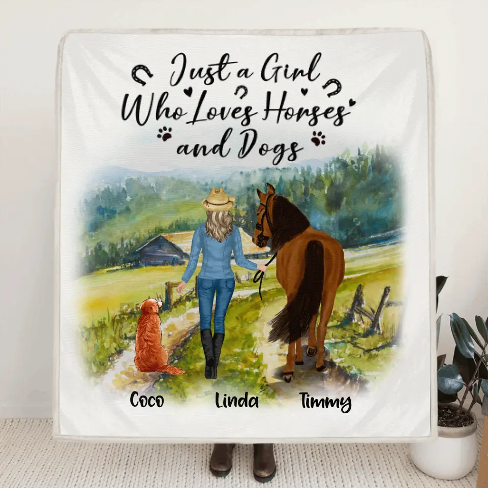 Personalized Horse And Dog Pillow Cover/Quilt/Fleece Blanket - Man/Woman/Girl/Boy With Up to 2 Horses And 4 Dogs - Gift For Horse/Dog Lover
