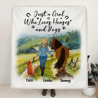 Personalized Horse And Dog Pillow Cover/Quilt/Fleece Blanket - Man/Woman/Girl/Boy With Up to 2 Horses And 4 Dogs - Gift For Horse/Dog Lover