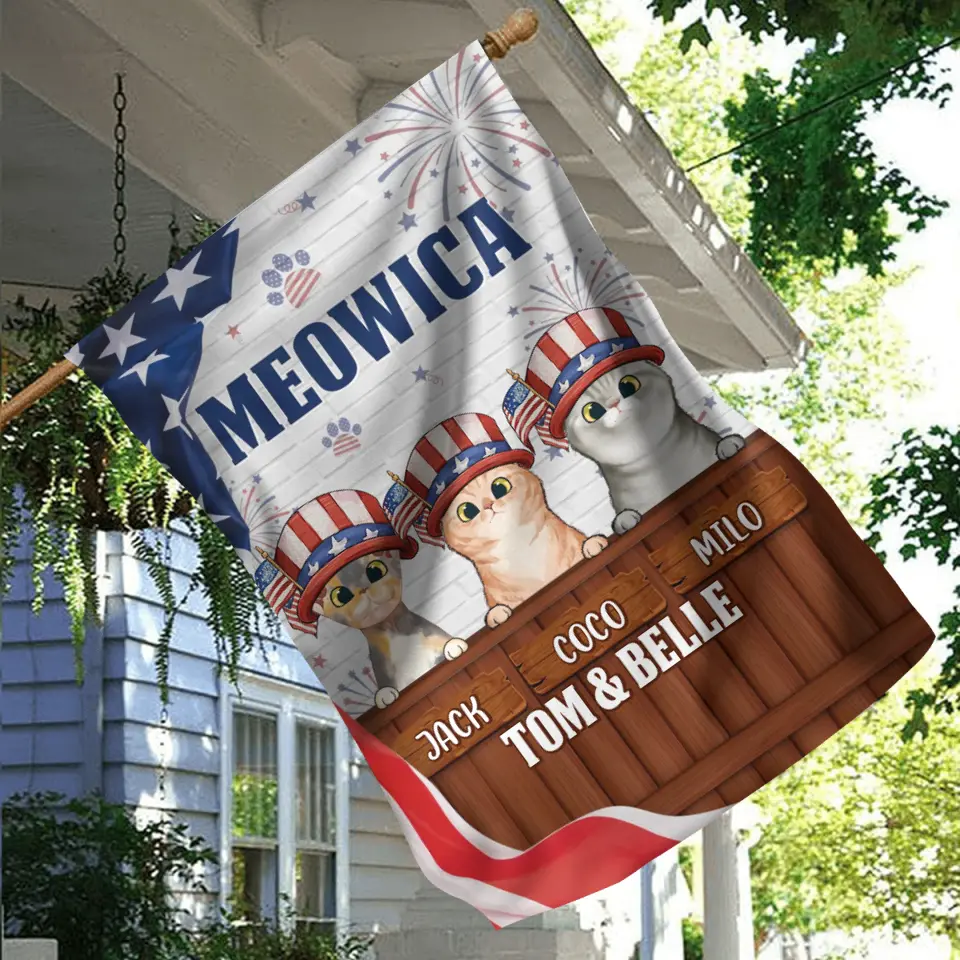 Personalized Dog/Cat Flag Sign - Up to 3 Pets - Gift Idea For Independence Day/Dog/Cat Lover - Meowica