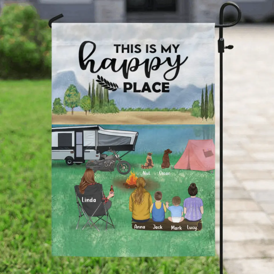 Personalized Camping Flag - Gift For Father's Day - Single Dad/Mom with up to 4 Kids & 2 Pets - This is my happy place