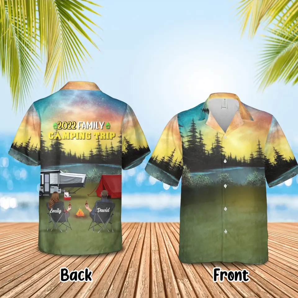 Personalized Family Camping Trip Hawaiian Shirt - Couple/Single Parent/Parents With Up to 2 Kids And 4 Pets - Gift Idea For Whole Family/Camping Lover