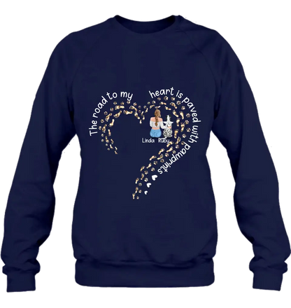 Personalized Memorial Dog With Man/Woman Shirt/Hoodie/Long sleeve/Sweatshirt - Gift Idea For Dog Lovers/Dog Owners - The Road To My Heart Is Paved With Pawprints