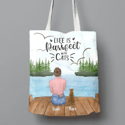 Personalized Cat Mom Canvas Bag - Gift For Cat Lovers With Up to 4 Cats - Life Is Purrfect With Cats