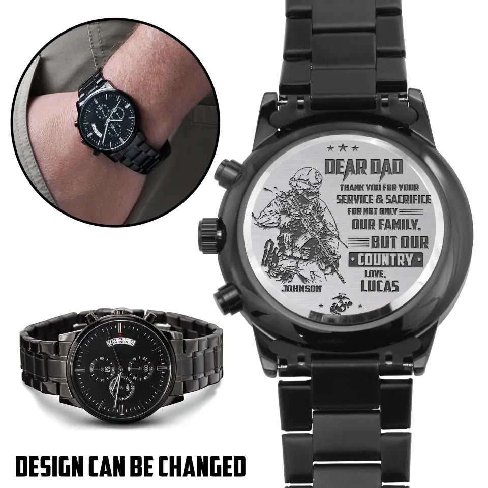 Personalized Veteran Black Chronograph Watch - Father's Day Gift for Veteran - Dear Dad Thank You For Your Service & Sacrifice