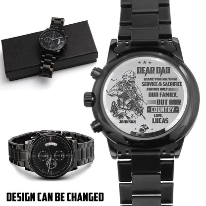 Personalized Veteran Black Chronograph Watch - Father's Day Gift for Veteran - Dear Dad Thank You For Your Service & Sacrifice