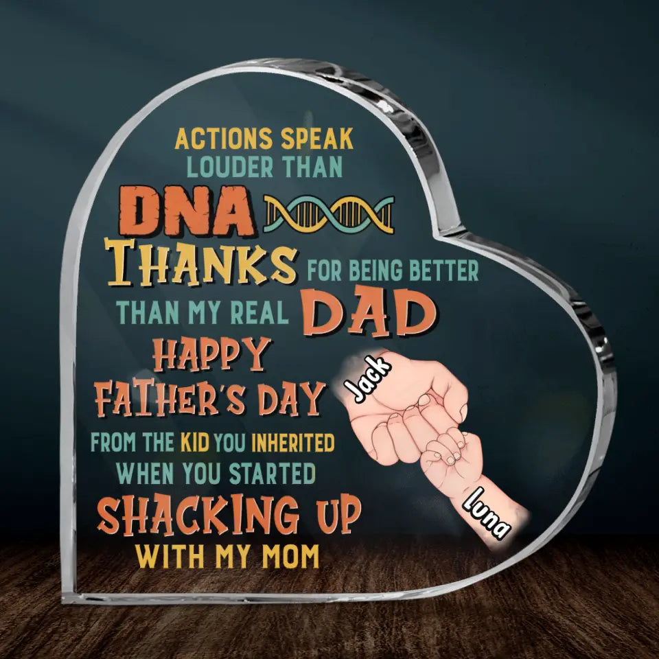 Personalized Step Father Crystal Heart - Best Gift Idea For Father's Day - Up to 6 Kids - Actions Speak Louder Than DNA