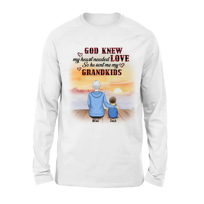 Personalized T-shirt/Hoddie/Sweatshrt/Sleeve - Gift for Grandparent and Grandkids - Grandma/Grandpa and Grandkids - Up to 4 Grandkids - God knew my heart needed love