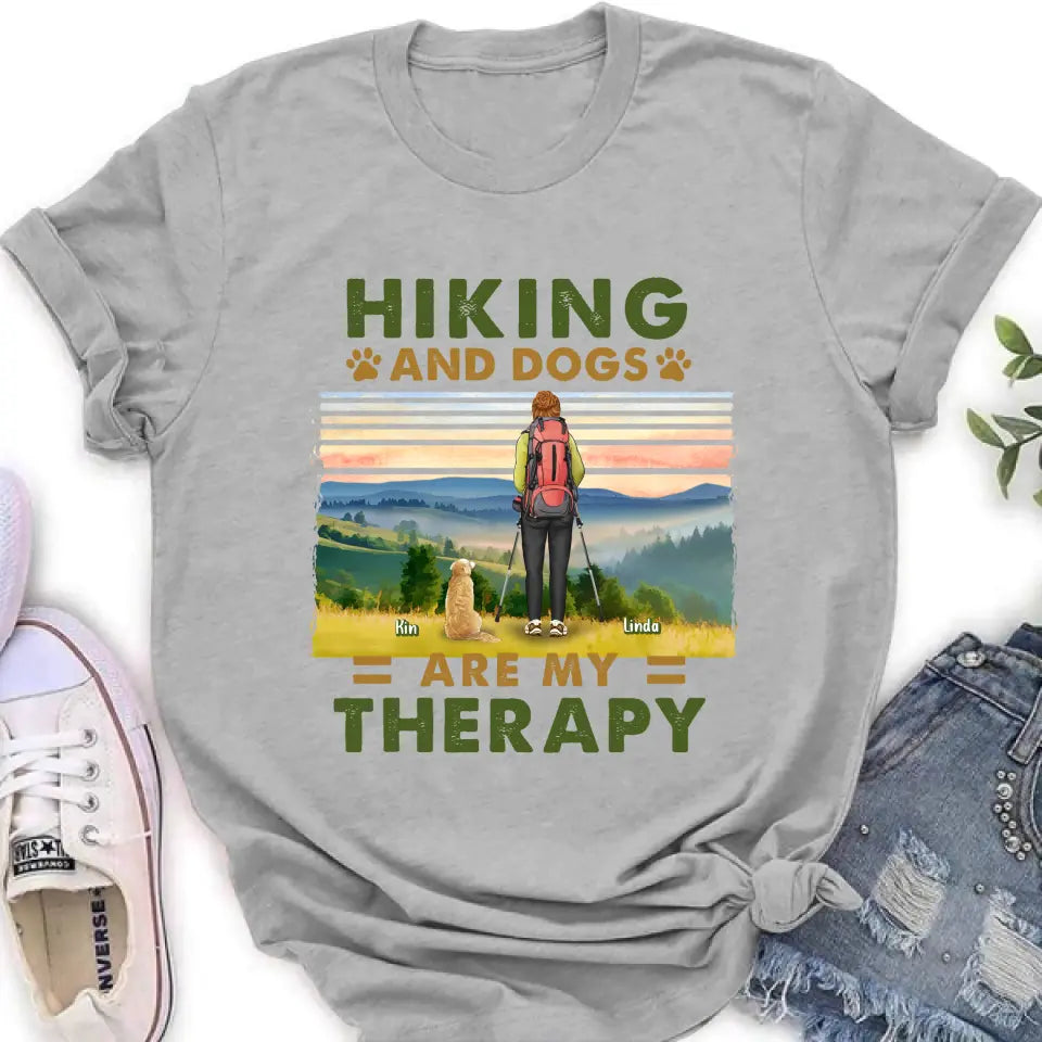 Personalized Solo Hiking With Dogs Shirt - Woman/Man With Up to 4 Dogs - Gift Idea For Hiking Lovers - Hiking And Dogs Are My Therapy