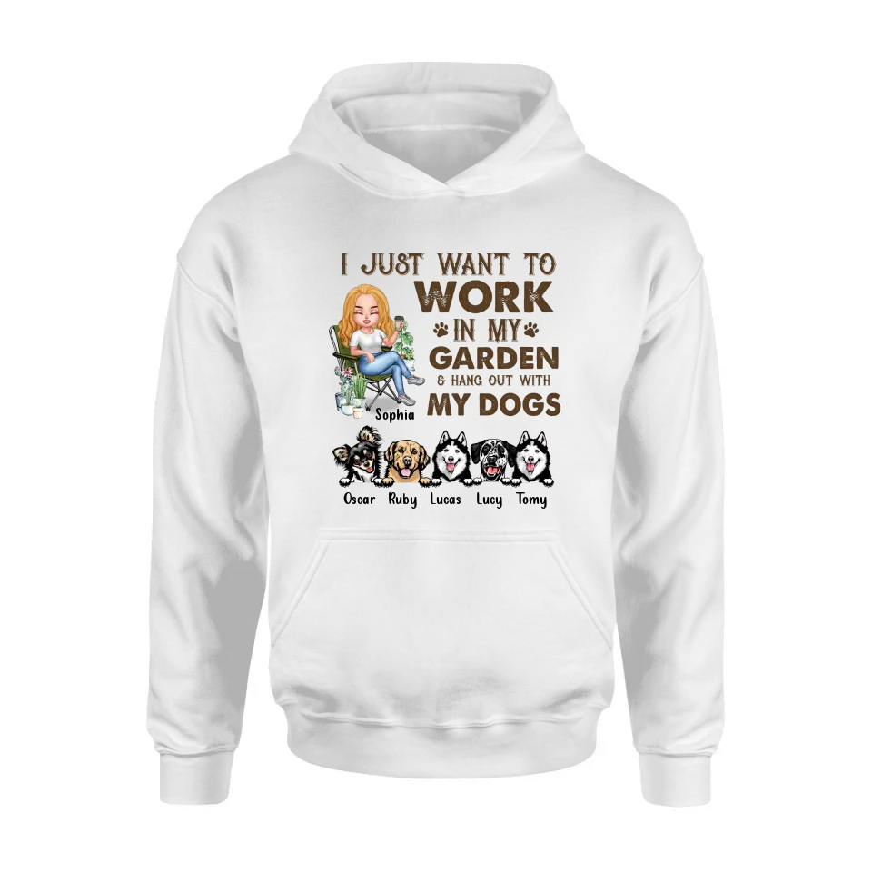Personalized Garden Shirt/Hoodie - Up to 5 Pets - Funny Gardening Gift For Dog/Cat Lover - I Just Want To Work In My Garden & Hang Out With My Dogs