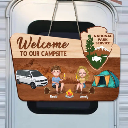 Personalized Camping Couple Wooden Sign - Couple With Up to 3 Dogs - Gift Idea For Couple/Camping/Dog Lover - Welcome To Our Campsite