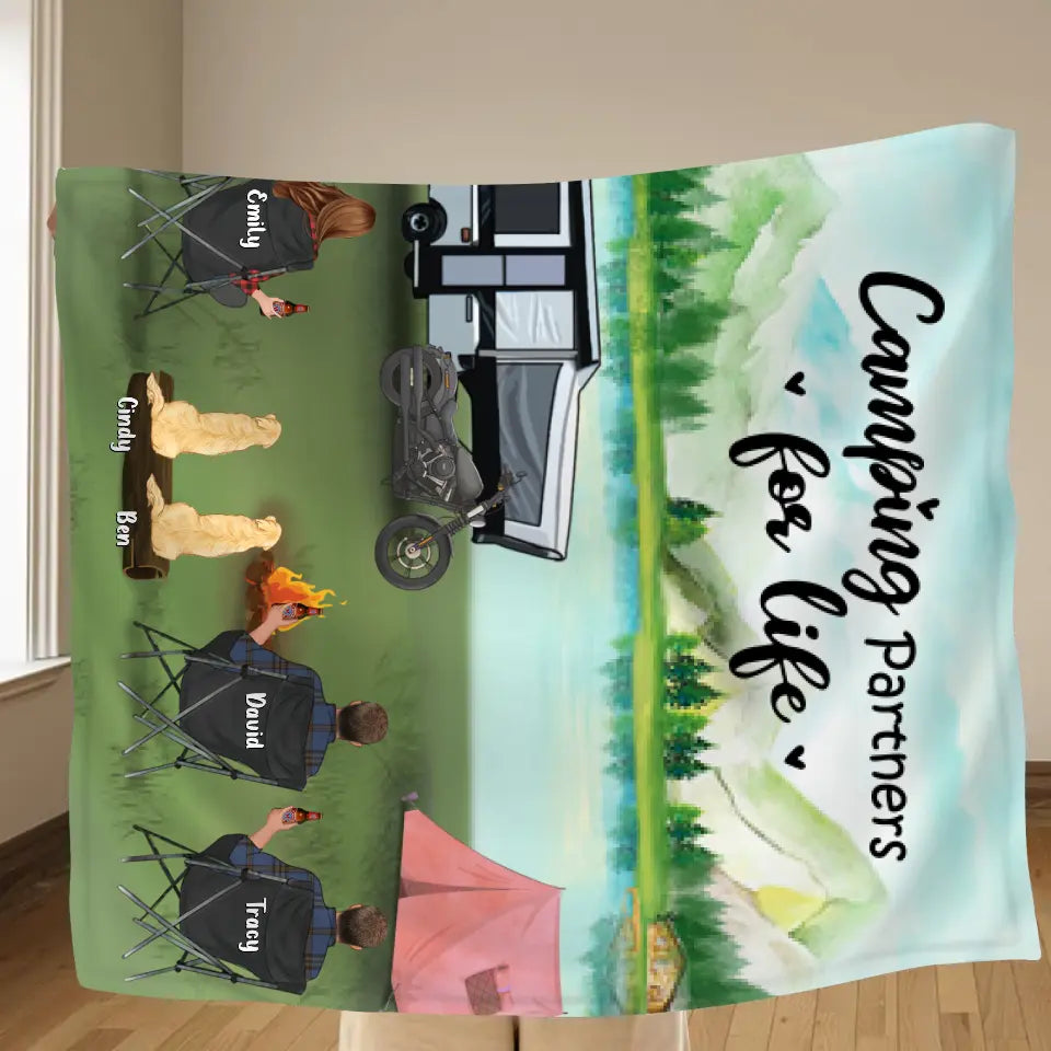 Personalized Camping Pillow Cover/Fleece Throw Blanket/Quilt - Gift For Camping Lovers With 3 Adults - Camping Partner For Life