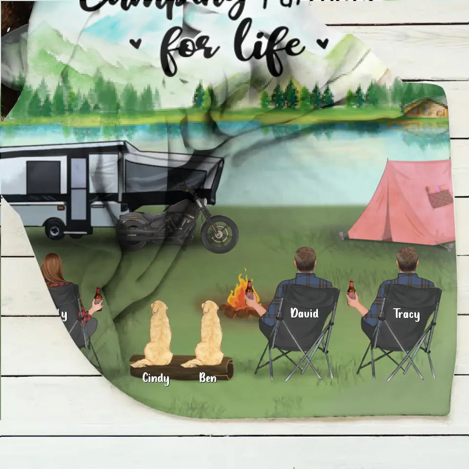 Personalized Camping Pillow Cover/Fleece Throw Blanket/Quilt - Gift For Camping Lovers With 3 Adults - Camping Partner For Life