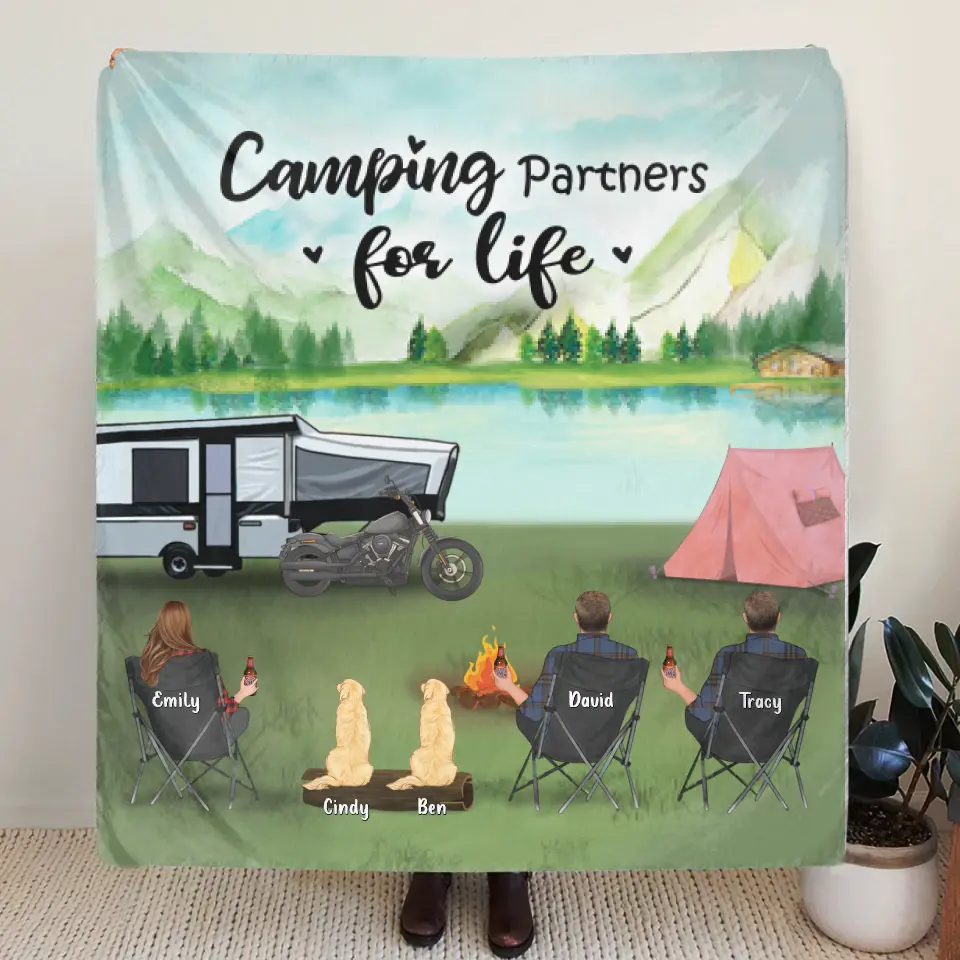 Personalized Camping Pillow Cover/Fleece Throw Blanket/Quilt - Gift For Camping Lovers With 3 Adults - Camping Partner For Life
