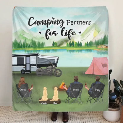 Personalized Camping Pillow Cover/Fleece Throw Blanket/Quilt - Gift For Camping Lovers With 3 Adults - Camping Partner For Life