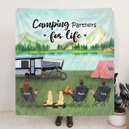 Personalized Camping Pillow Cover/Fleece Throw Blanket/Quilt - Gift For Camping Lovers With 3 Adults - Camping Partner For Life