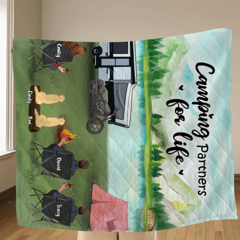 Personalized Camping Pillow Cover/Fleece Throw Blanket/Quilt - Gift For Camping Lovers With 3 Adults - Camping Partner For Life