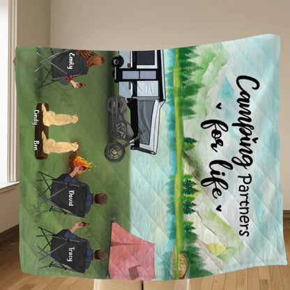 Personalized Camping Pillow Cover/Fleece Throw Blanket/Quilt - Gift For Camping Lovers With 3 Adults - Camping Partner For Life