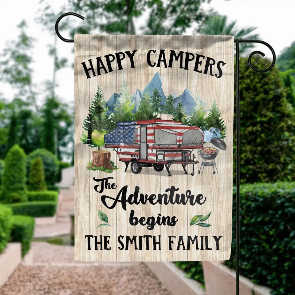 Personalized Camper Flag Sign - Gift Idea For Camping Lovers/Family - Happy Campers The Adventure Begins