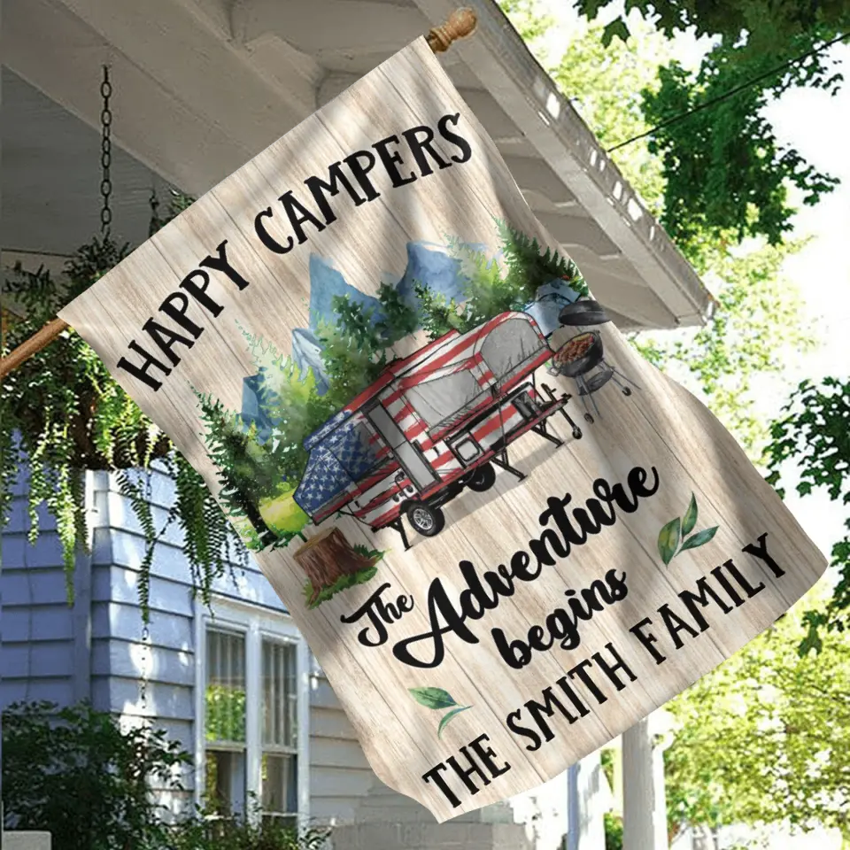 Personalized Camper Flag Sign - Gift Idea For Camping Lovers/Family - Happy Campers The Adventure Begins
