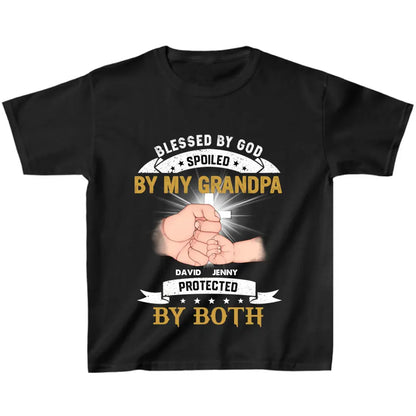 Personalized Grandkids Kid T-Shirt - Up to 5 Kids - Gift Idea For Grandma/Grandpa - Blessed By God Spoiled By My Grandpa Protected By Both