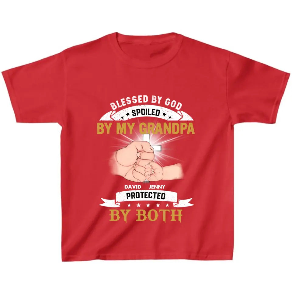 Personalized Grandkids Kid T-Shirt - Up to 5 Kids - Gift Idea For Grandma/Grandpa - Blessed By God Spoiled By My Grandpa Protected By Both