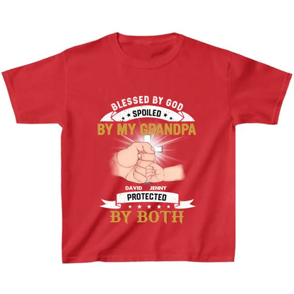 Personalized Grandkids Kid T-Shirt - Up to 5 Kids - Gift Idea For Grandma/Grandpa - Blessed By God Spoiled By My Grandpa Protected By Both