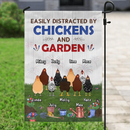 Personalized Chickens Flag Sign - Up to 9 Chickens - Gift Idea For Independence Day/Chicken Lovers - Easily Distracted By Chickens & Garden