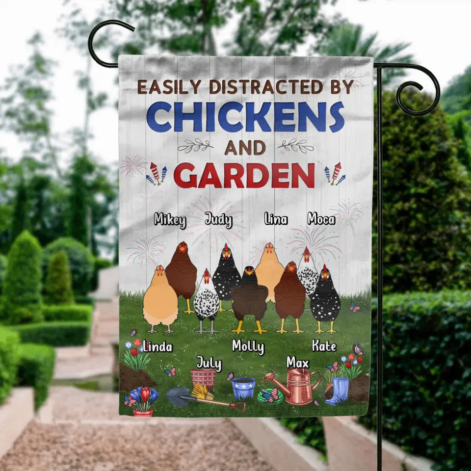 Personalized Chickens Flag Sign - Up to 9 Chickens - Gift Idea For Independence Day/Chicken Lovers - Easily Distracted By Chickens & Garden