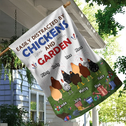 Personalized Chickens Flag Sign - Up to 9 Chickens - Gift Idea For Independence Day/Chicken Lovers - Easily Distracted By Chickens & Garden