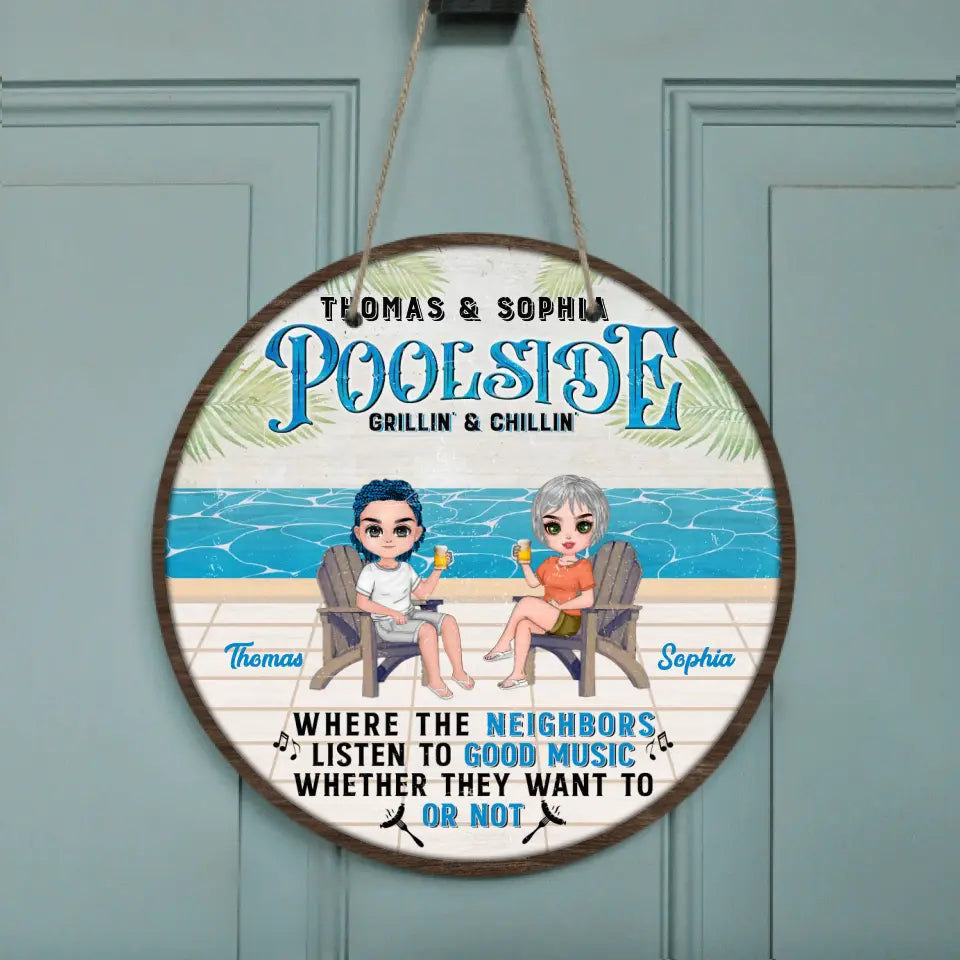 Personalized Couple Circle Door Sign - Gift Idea For Couple/Beach Lovers - Poolside Grillin' & Chillin'