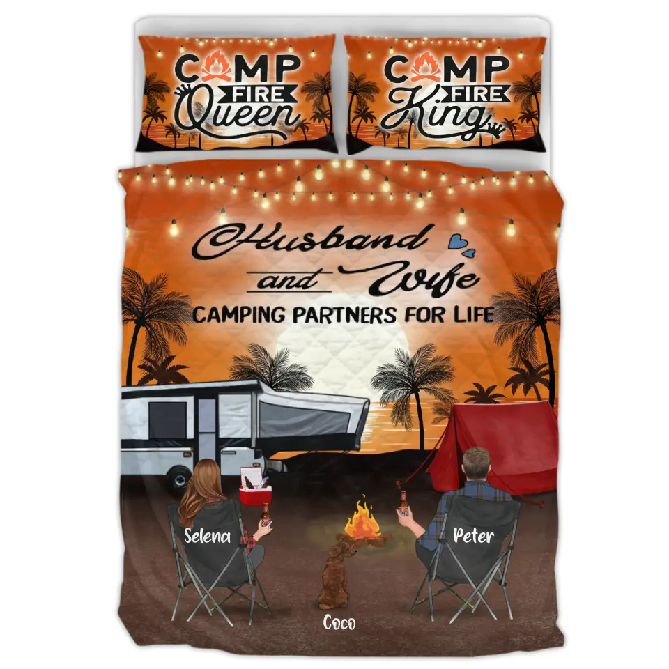 Personalized Tropical Summer Camping Quilt Bed Sets - Gift for Whole Family, Camping Lovers - Couple/Parents With Up To 5 Pets, 4 Kids - Husband And Wife Camping Partners For Life
