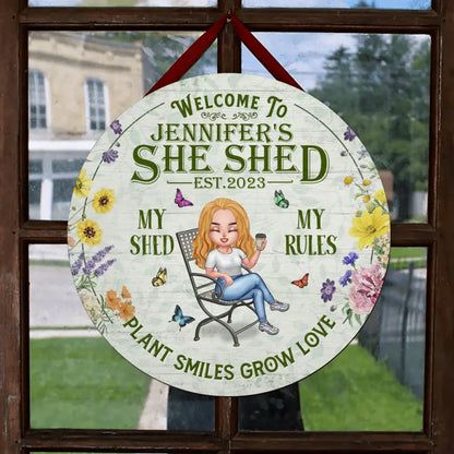 Personalized Garden Circle Door Sign - Gift Idea For Garden Lovers - Welcome To She Shed My Shed My Rules Plant Smiles Grow Love