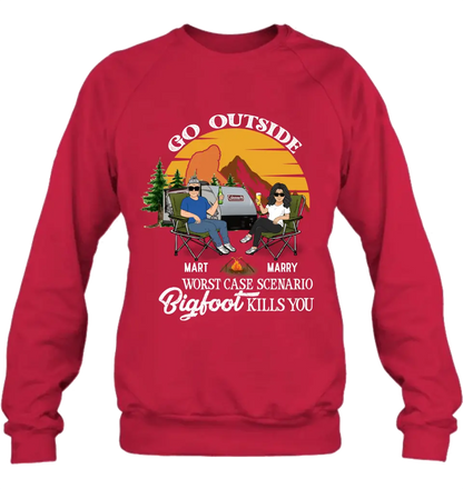 Personalized Couple Camping Shirt/Pullover Hoodie/Long sleeve/Sweatshirt - Gift Idea For Camping Lover - Go Outside Worst Case Scenario Bigfoot Kills You