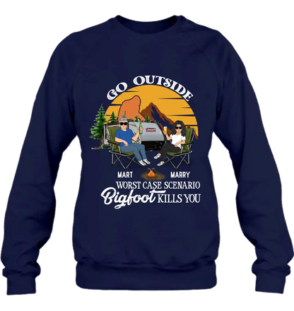 Personalized Couple Camping Shirt/Pullover Hoodie/Long sleeve/Sweatshirt - Gift Idea For Camping Lover - Go Outside Worst Case Scenario Bigfoot Kills You