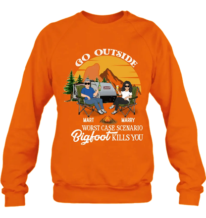 Personalized Couple Camping Shirt/Pullover Hoodie/Long sleeve/Sweatshirt - Gift Idea For Camping Lover - Go Outside Worst Case Scenario Bigfoot Kills You