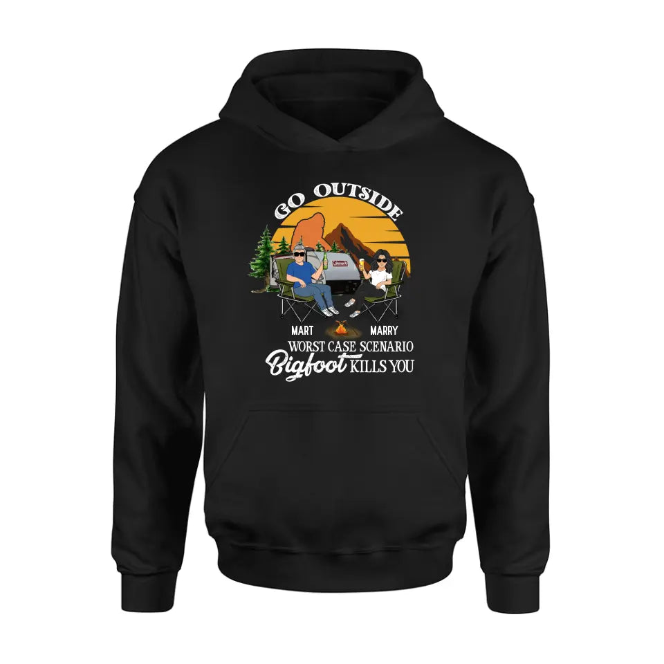 Personalized Couple Camping Shirt/Pullover Hoodie/Long sleeve/Sweatshirt - Gift Idea For Camping Lover - Go Outside Worst Case Scenario Bigfoot Kills You