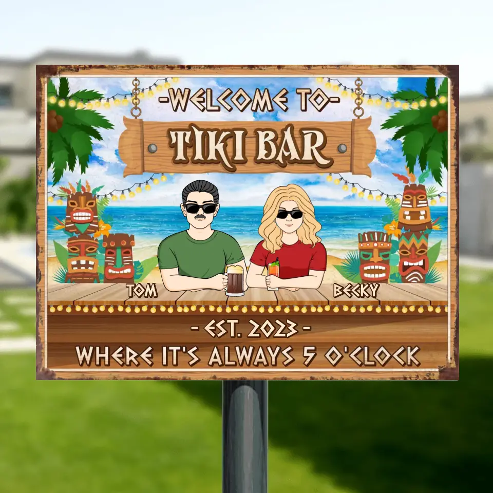 Personalized Couple Horizontal Metal Sign - Gift Idea for Couple - Welcome To Tiki Bar Where It's Always 5 O'Clock