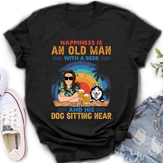 Personalized Dog Shirt/Hoodie - Gift Idea For Dog Lovers - Happiness Is An Old Man With A Beer And His Dog Sitting Near