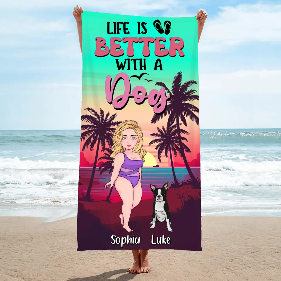 Personalized Dog Mom Beach Towel - Up to 4 Dogs - Gift Idea for Dog Lovers - Life Is Better With A Dog