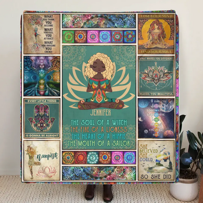 Personalized Yoga Quilt/Fleece Throw Blanket - The Soul Of A Witch, The Fire Of A Lioness - Gift Idea For Friend/Birthday/Yoga Lover