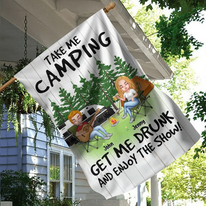 Personalized Camping With Guitar Flag - Up to 6 People - Gift Idea for Camping Lovers - Take Me Camping Get Me Drunk And Enjoy The Show