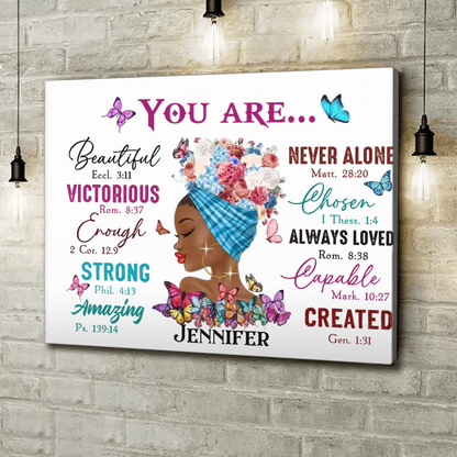 Personalized African American Girl Horizontal Canvas - Gift Idea For Birthday - You Are Beautiful, Victorious