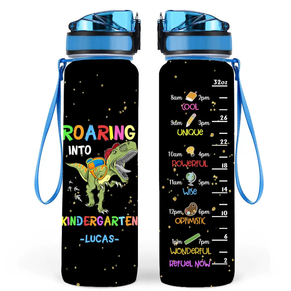 Personalized Back To School Water Tracker Bottle - School Gift Idea for Girl/Boy - Roaring Into Kindergarten