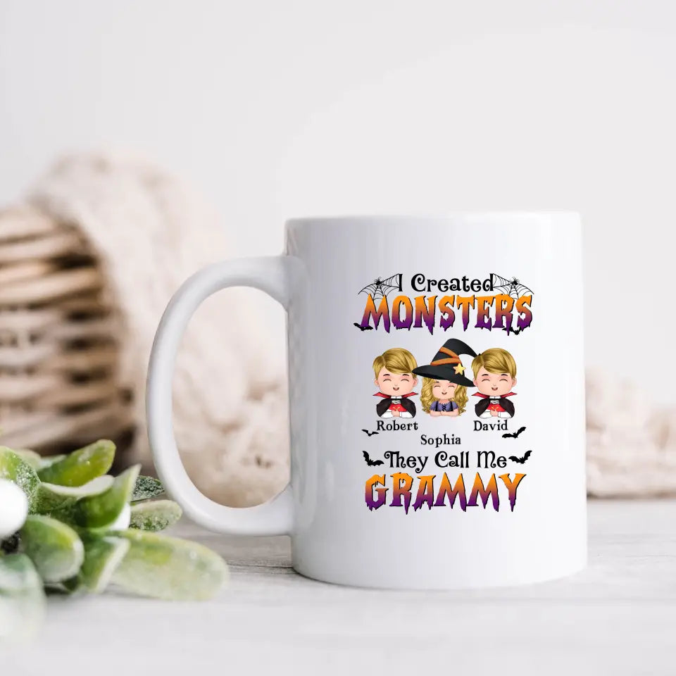 Personalized Grandma Coffee Mug - Halloween Gift Idea for Witch Lovers - Up to 3 Kids - I Created Monsters They Call Me Grammy